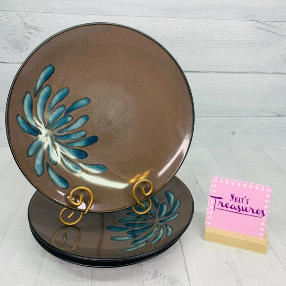 Pier 1 One BLUE MUM Stoneware Off Center Petal On Brown Coupe Dinner Plates of 3 - Picture 1 of 9